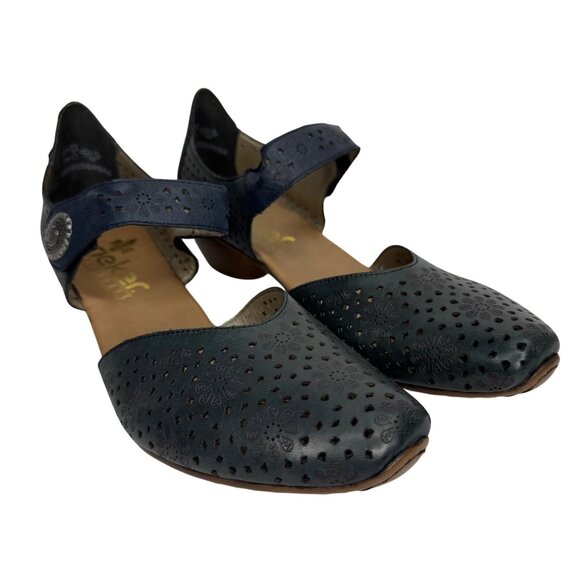 Rieker Antistress LaserCut Blue Leather Comfort Mary Jane Heels Velcro Strap Sz9 - Picture 11 of 11